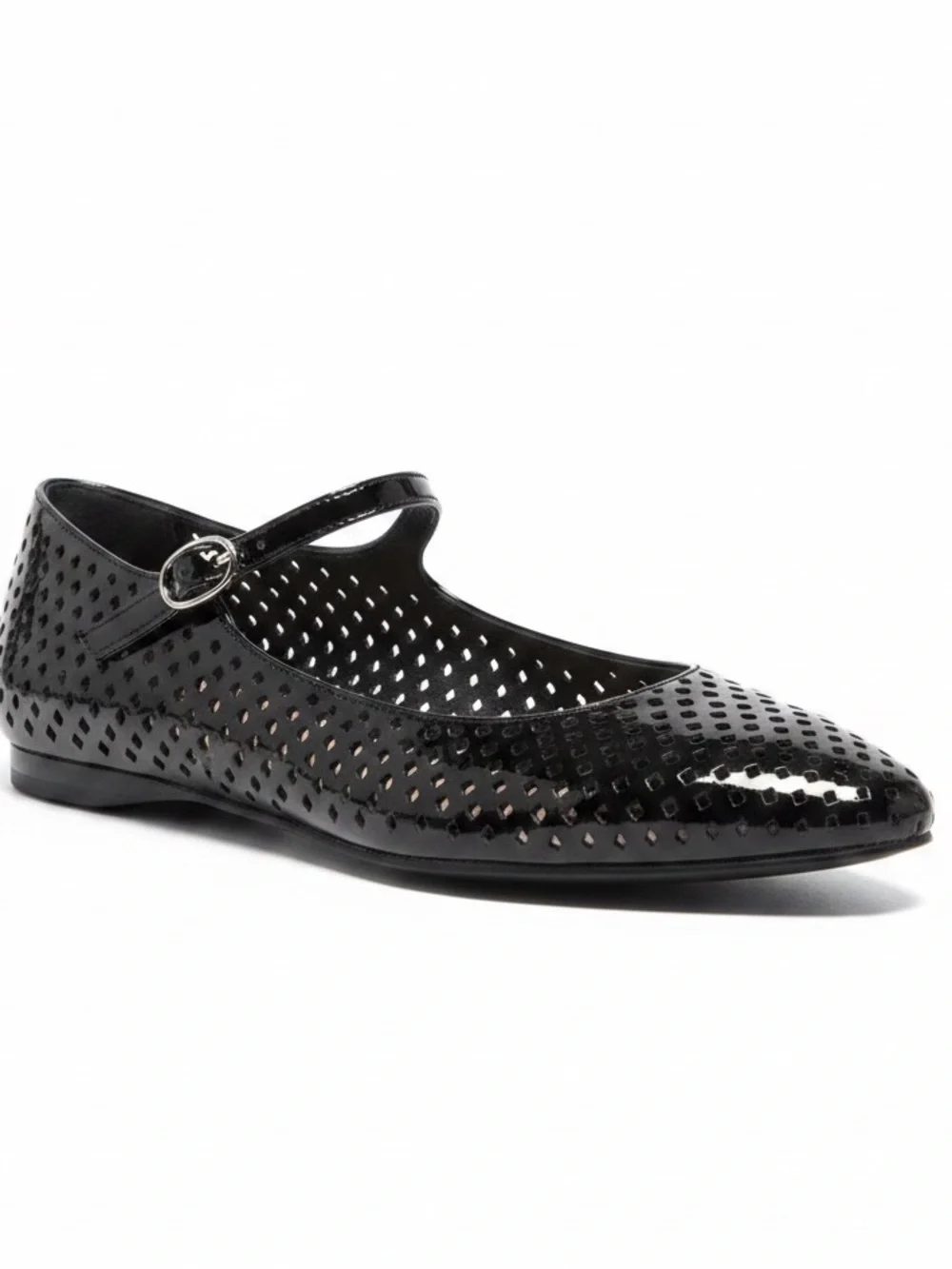 Jeffery Campbell Square toe black patent leather perforated Mary Jane flats